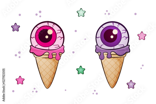 Cute eyes in the form of ice cream in a waffle cone. Pink and lilac color. Symbols of a happy Halloween holiday. Vector illustration