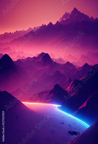 Digital illustration of futuristic mountain view, 3d landscape, purple lights, atmospheric
