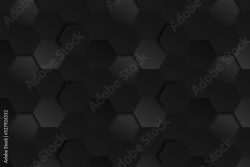 Abstract dark embossed hexagon light and shadow gray background 3d honeycomb paper texture black copy space 3D Vector illustration