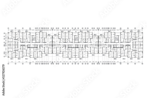 Multistory building detailed architectural technical drawing, vector blueprint floorplan layout
