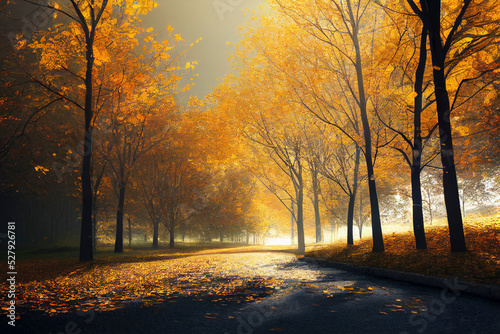 Fototapeta Naklejka Na Ścianę i Meble -  Beautiful fall autumn day, leaves falling, oak trees, road path