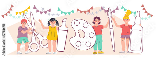 Children crafts and arts banner or flyer design, flat cartoon vector illustration isolated on white background. Kids creative activity and art classes. Happy children with crafting supplies.