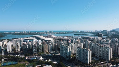 Aerial view of the Rock in Rio 2022 music festival at Barra da Tijuca Olympic Park in Rio de Janeiro. Jacarépaguá Lagoon and surrounding buildings. Rio de janeiro Brazil. September 2022. Drone take.