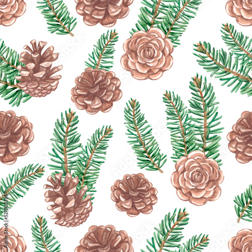 Fototapeta Naklejka Na Ścianę i Meble -  Seamless pattern with pine cones. Vintage background for fabric, scrapbook, poster, greeting cards. Watercolor illustration.