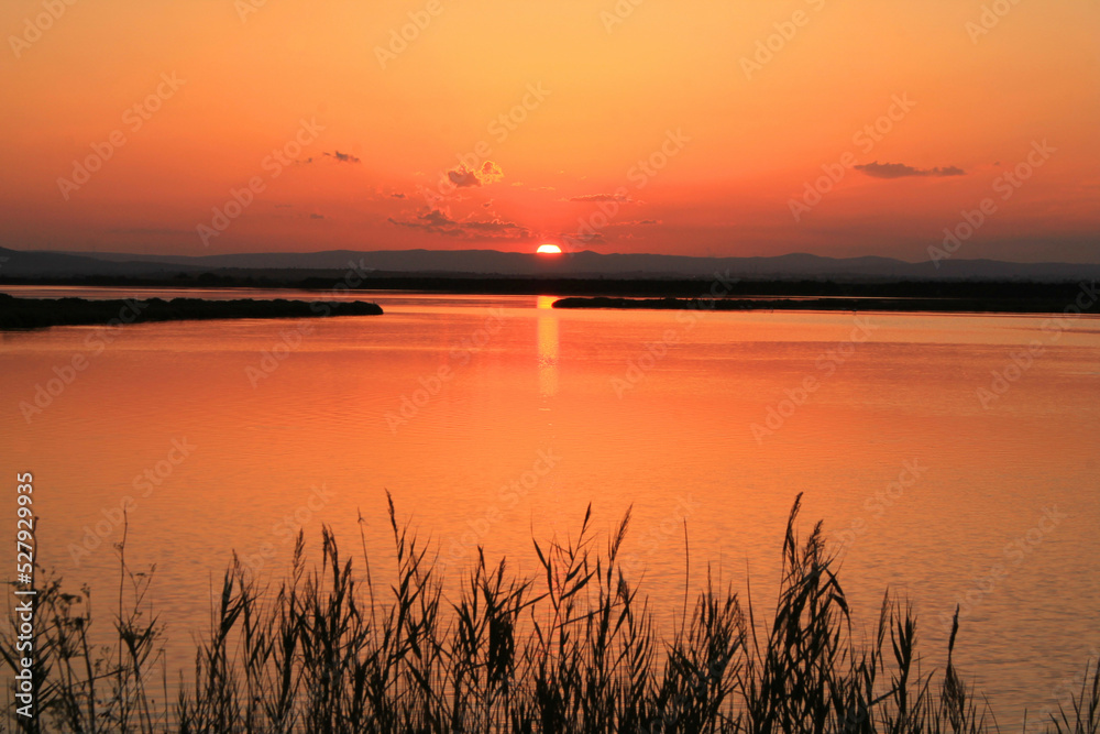 Amazing sunset in Grec pond in Palavas les Flots in the south of France 