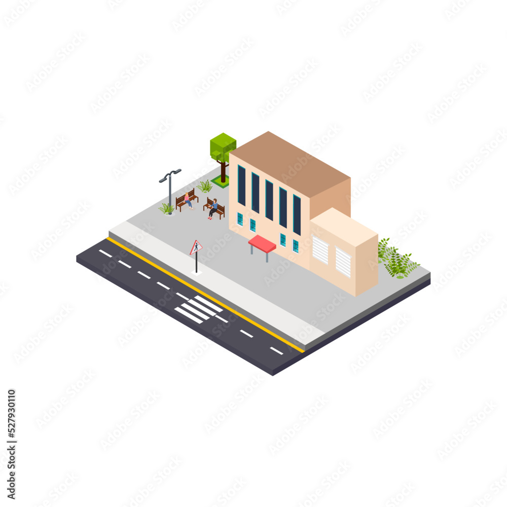 Isometric building of post office people take part