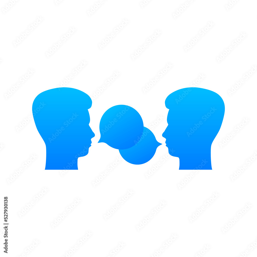 Person talk about in cartoon style. Dialog, chat speech bubble. Speaking people. Vector stock illustration.