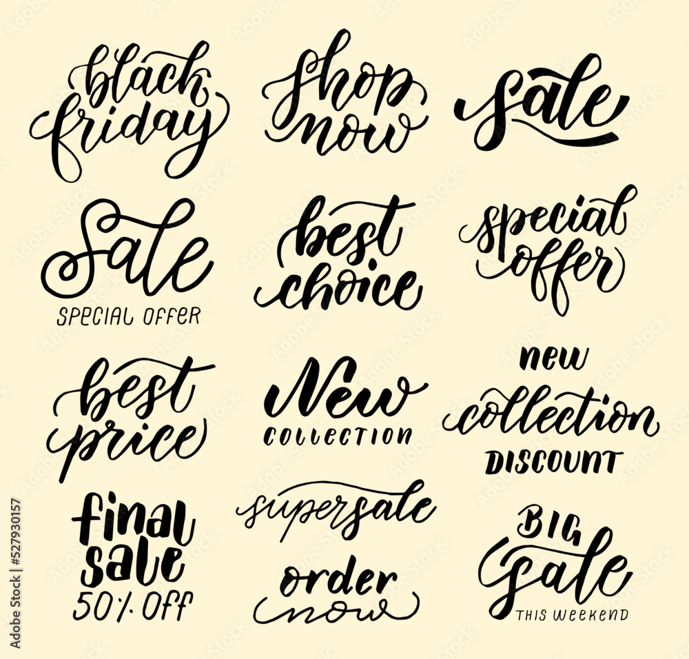 Sale and shopping. Modern brush calligraphy, hand lettering phrases.