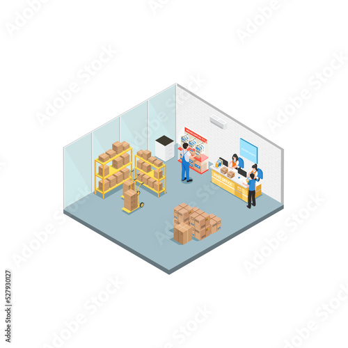 Isometric building of post office. correspondence illustration.