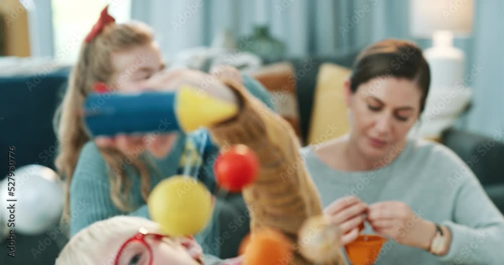 Learning, education and child with planet science project or homework assignment with mother and girl helping in living room. Smart, clever astronaut dream kid with astronomy rocket and earth balls