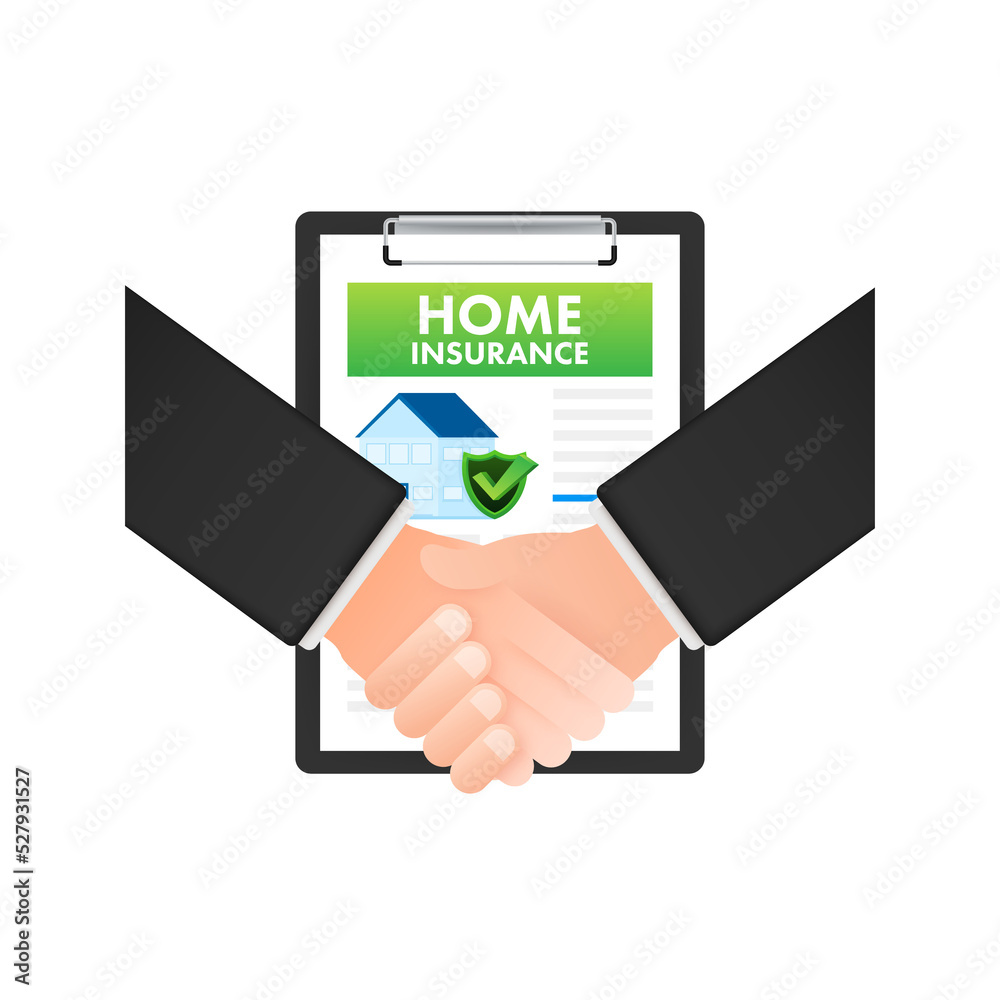 Shaking hands. Home insurance policy services. Home safety security. Vector stock illustration. Shaking hands. Home insurance policy services. Home safety security. Vector stock illustration.