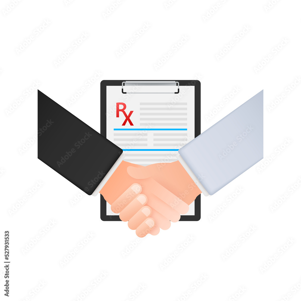 Shaking hands. Blank Rx prescription form isolated on white background. Vector stock illustration Shaking hands. Blank Rx prescription form isolated on white background. Vector stock illustration