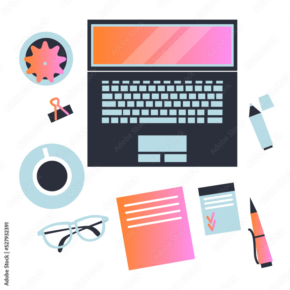 Workspace Vector. Top view of desk, laptop, documents, notepad, planner, coffee, telephone, glasses. Business experience, organization. Workspace, analytics, optimization, management.Flat illustration