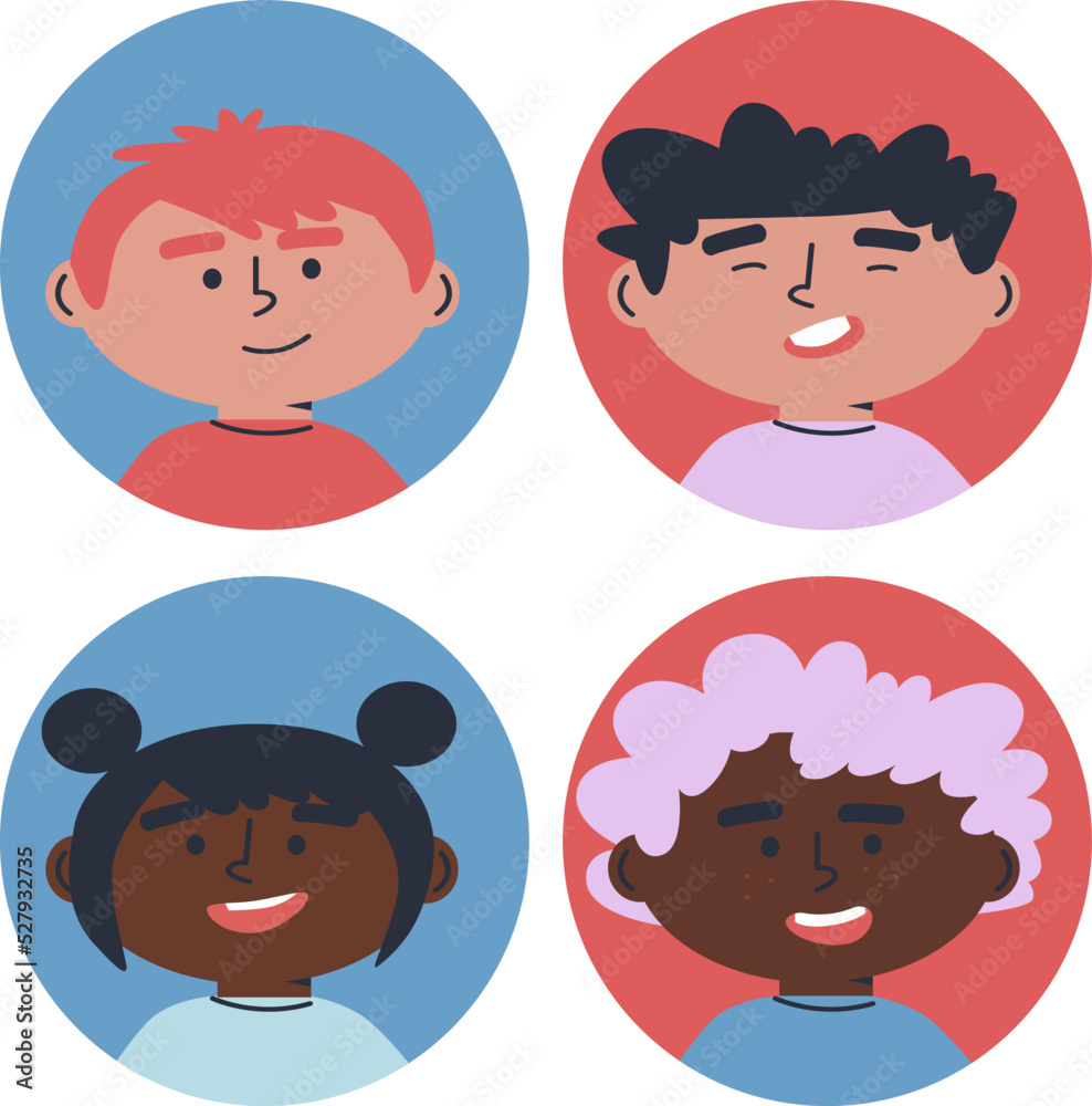 Little boy and girl avatar vector. Funny cartoon kids characters. Happy kids Profile icons. Icons for games, online communities, web forums. Vector illustration in flat cartoon style Little boy and girl avatar vector. Funny cartoon kids characters. Happy kids Profile icons. Icons for games, online communities, web forums. Vector illustration in flat cartoon style