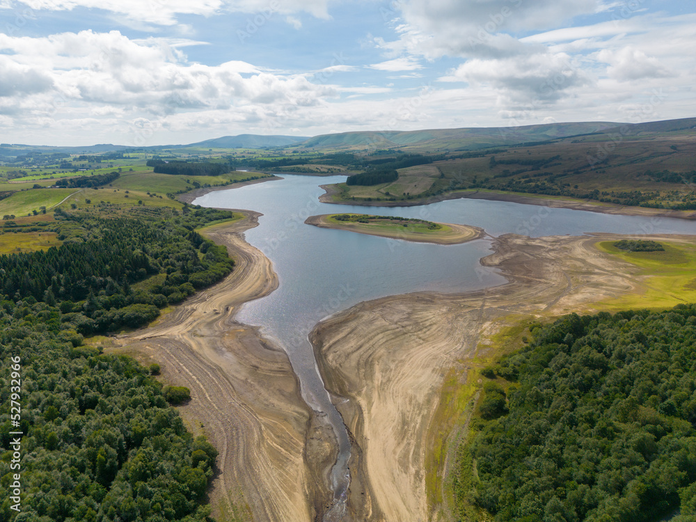 Drought conditions are shown through drone shots of Stocks Reservoir