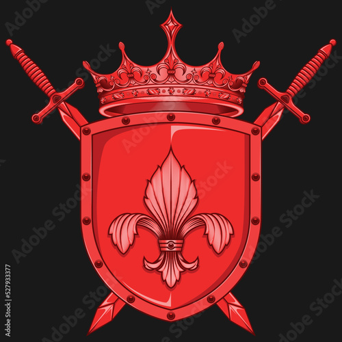 Crowned heraldic shield with lily flower and two swords. heraldic shield of the middle ages