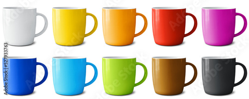 Set of ceramic mugs painted in different colors isolated on an empty background