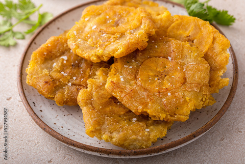 Tostones, traditional Carribean dish, twice fried plantains photo