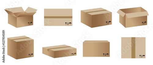 Set of cardboard shipping containers or mailboxes.Realistic mockup vector illustration isolated on white background. Collection of shipping parcel packaging templates.