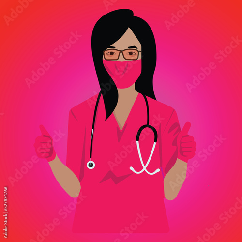 Portrait Of A Beautiful Female Doctor In A Pink Uniform Gives Approval. Female Doctor Portrait. Young Female Doctor Design