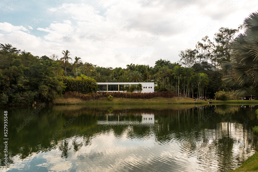 Lake and a construction for the visitors of the Inhotim Park at Brumadinho, State of Minas Gerais, Brazil.
