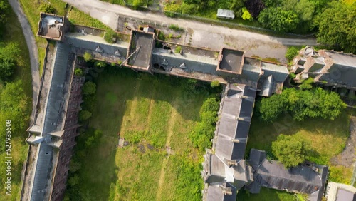 Aerial, Top-Down, Footage Flying Over Abandoned Mansion photo