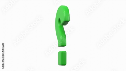 Question mark symbol green rotating spinning slowly, over white, 3d animation
