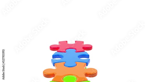 Jigsaw puzzle color bits path walk over white, 3d animation
