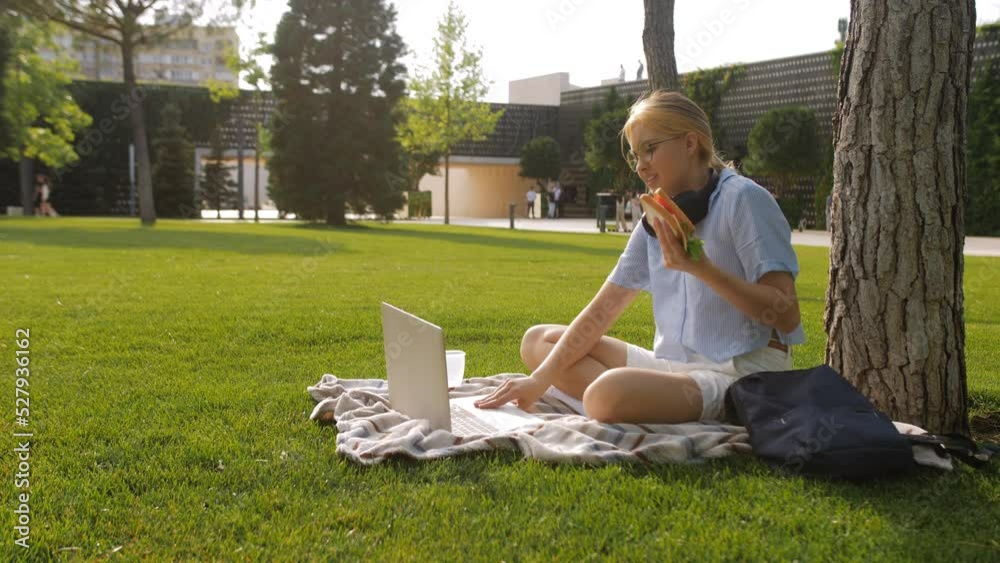 A student girl with a laptop on the lawn of the school yard in anticipation of lunch with a delicious sandwich. A student girl with a laptop on the lawn of the school yard in anticipation of lunch with a delicious sandwich.