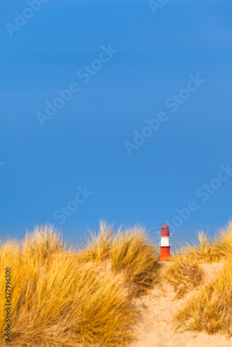 Coast Travel Landmark   Far red and white lighthouse at dune horizon under blue sky  copy space 