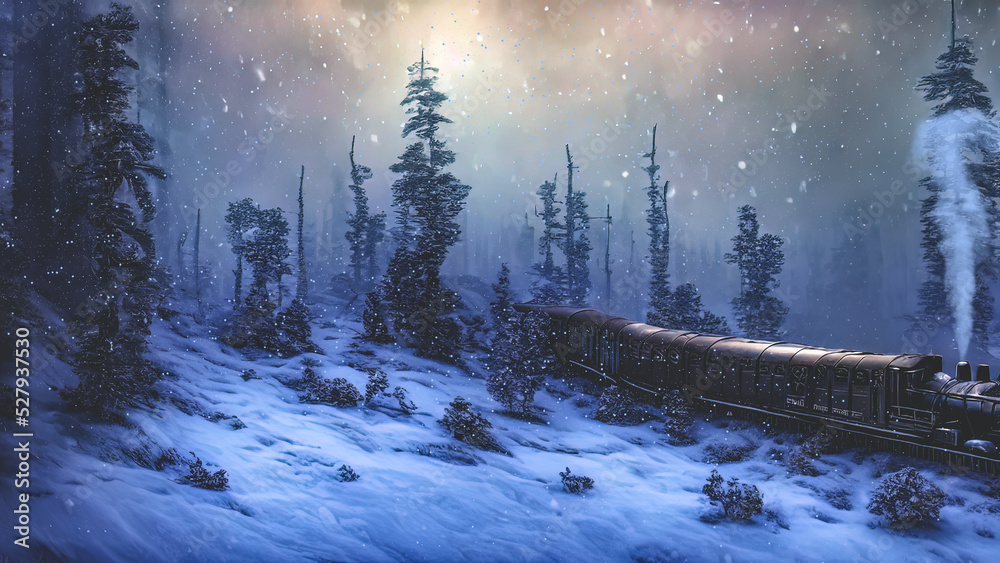 Fototapeta premium Fantasy winter forest with a train. They ate in the snow, a fabulous train rides on rails, smoke, spotlights, a magical winter forest at night. 3D illustration.
