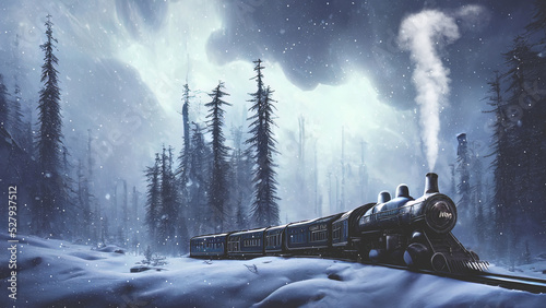 Fantasy winter forest with a train. They ate in the snow, a fabulous train rides on rails, smoke, spotlights, a magical winter forest at night. 3D illustration. photo