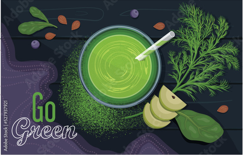 Green smoothie with matcha tea, green apple, dill, spinach, almonds, blueberry	