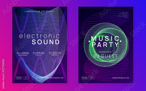 Neon dj flyer. Electro dance music. Electronic sound event. Club fest poster. Techno trance party.