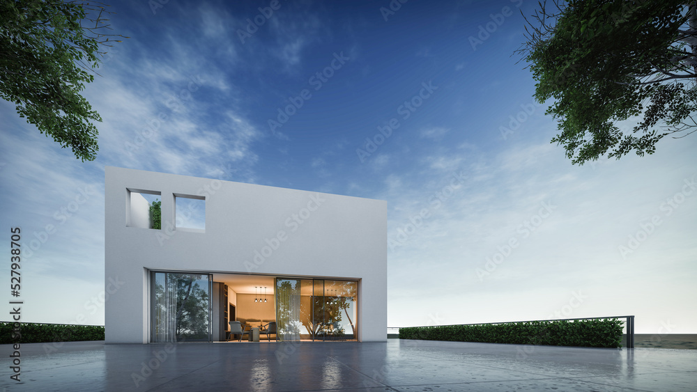 3d rendering illustration of modern minimal seaside house with walkway 