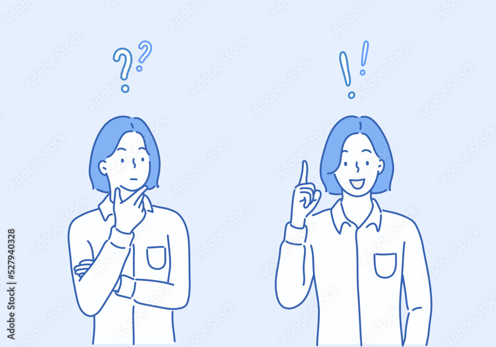 business woman thinking idea. Hand drawn style vector design illustrations.