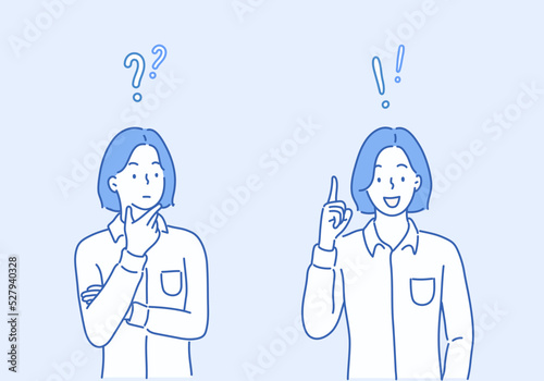 business woman thinking idea. Hand drawn style vector design illustrations.