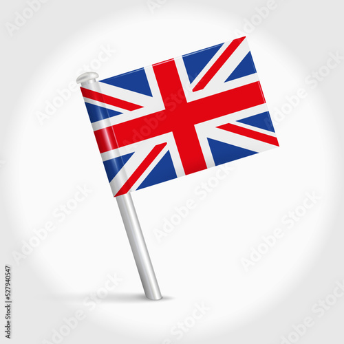 United Kingdom map pin flag icon. British pennant map marker on a metal needle. 3D realistic vector illustration.