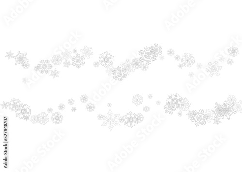 Snowflakes falling on white background. Horizontal Christmas and Happy New Year theme. Silver falling snowflakes for banner, gift card, party invitation, partner compliment and special business offers
