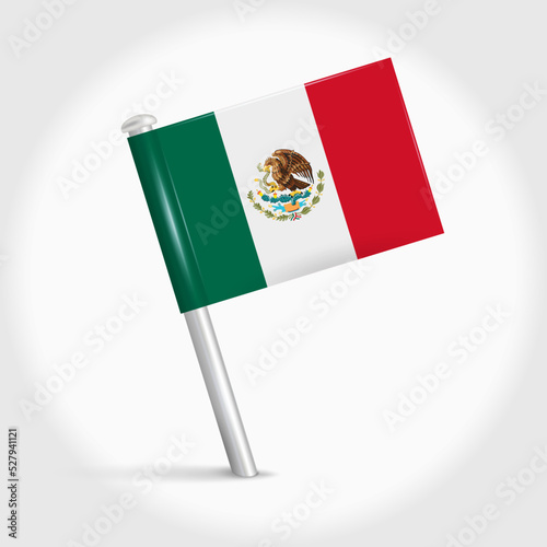 Mexico map pin flag icon. Mexican pennant map marker on a metal needle. 3D realistic vector illustration.