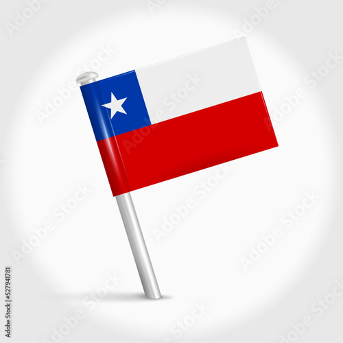 Chile map pin flag icon. Chilean pennant map marker on a metal needle. 3D realistic vector illustration.