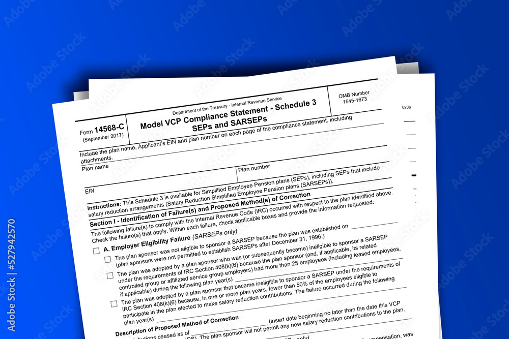 Fototapeta premium Form 14568-C documentation published IRS USA 09.16.2017. American tax document on colored