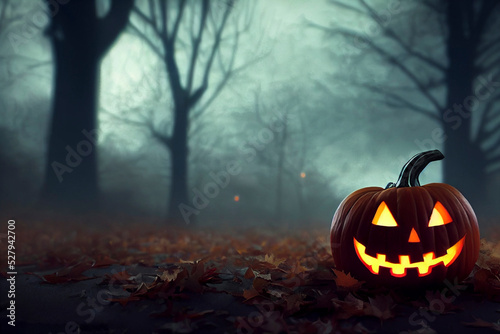 Jack-o'-lantern smiling, pumpkins sitting in the leaves, Halloween autumn fall night