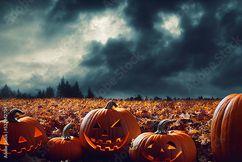 Jack-o'-lantern smiling, pumpkins sitting in the leaves, Halloween autumn fall night