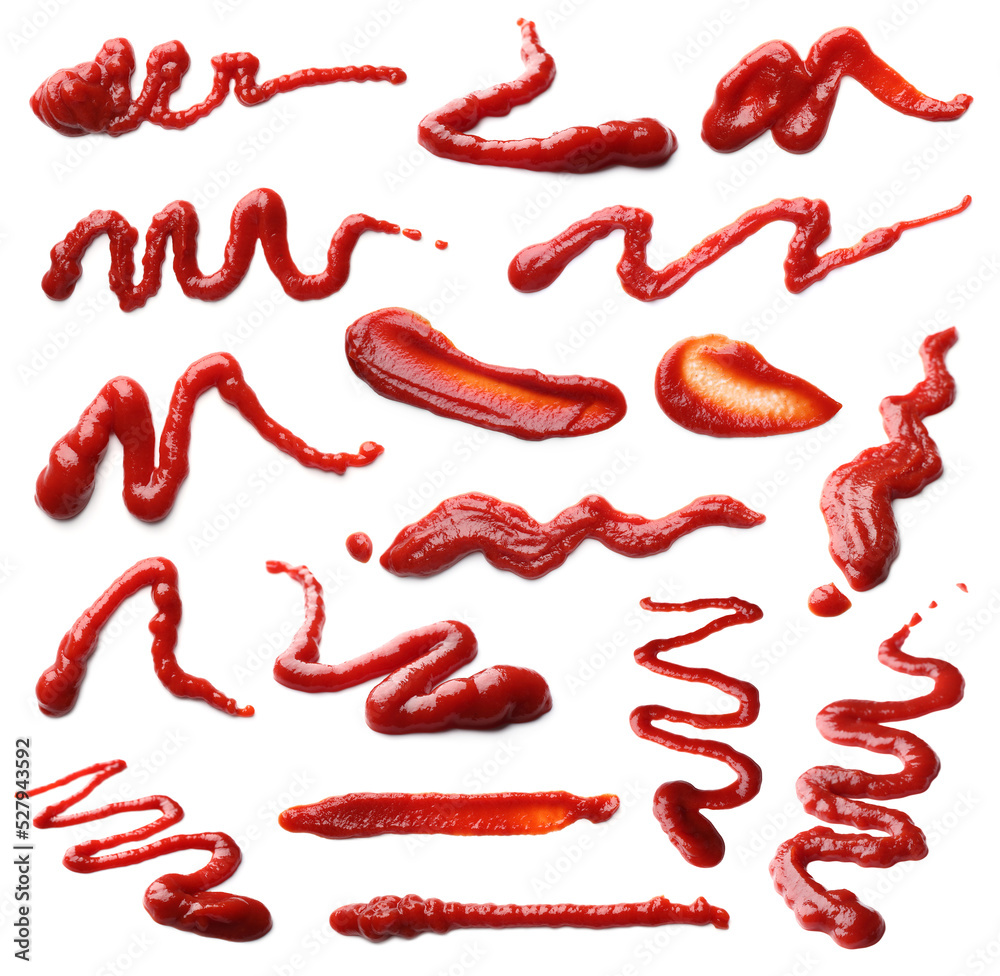 Set with tasty ketchup on white background