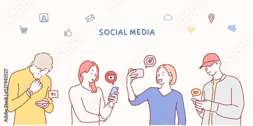 Millennials Using Social Media With Icons. Hand drawn style vector design illustrations. 