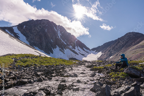 Incredible nature landscape in Yukon Territory, Canada near Alaska with one person, hiker in view. 