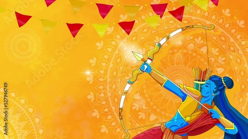Happy Dussehra Vijayadashami video concept. Moving banner with Rama archery. Dynamic greeting card for Hindu religious holiday. Indian traditional festival Dusshera. Flat graphic animated cartoon photo
