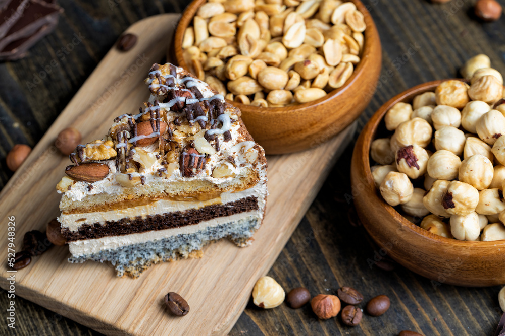 multi-layer cake with different layers, close up multi-layer cake with different layers, close up