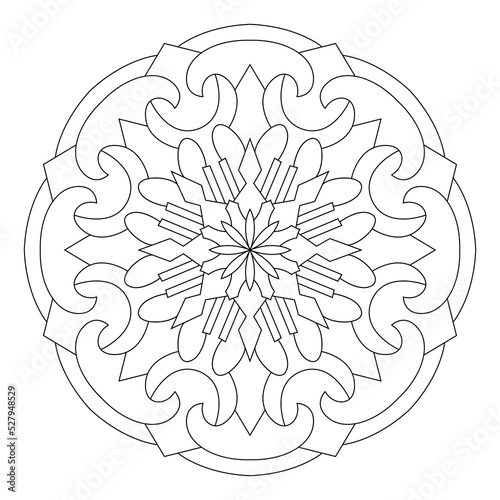 Mandala pattern illustration. An Oriental decorative round ornament can be used for meditation background, therapy, and a coloring page.